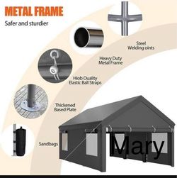12x20ft Carport, Reinforced Steel Poles with Removable Sidewalls and Doors, Roll-Up Windows