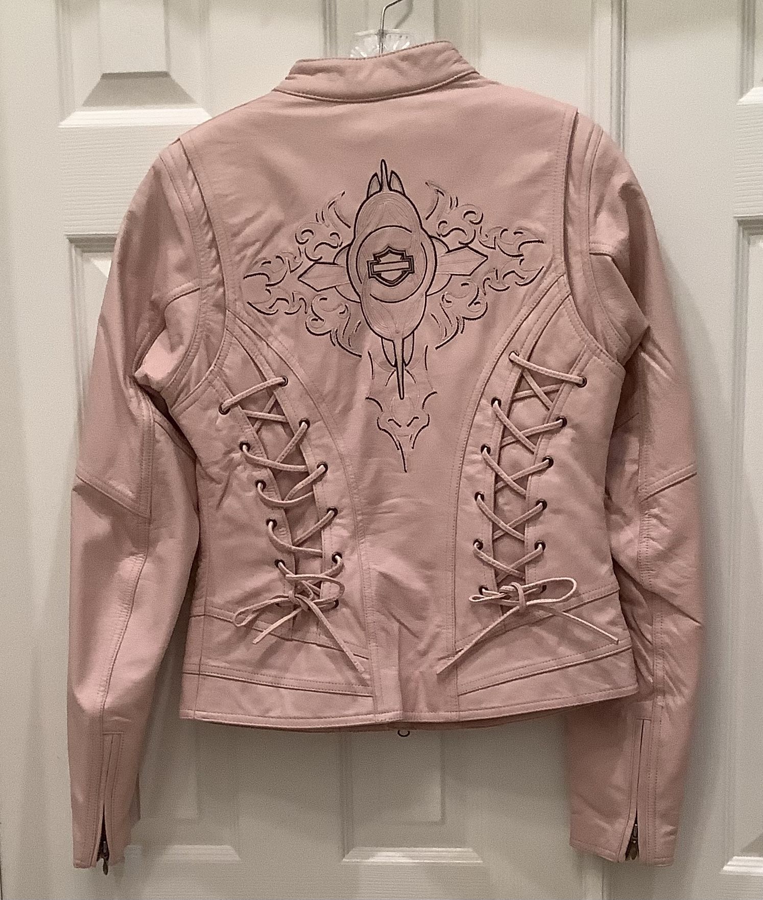 Harley DAVIDSON WOMENS MOTORCYCLE JACKET  PINK  SIGNED ON ARM LACES  Rare Mint,  Small