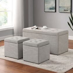 Brand New Beige 3pc Storage Bench With Ottoman