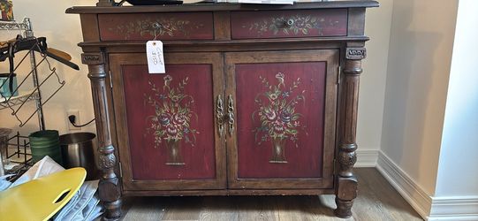 Hand Painted Red Accent Cabinet | Floral Asian Style Media Console | Solid Wood Storage