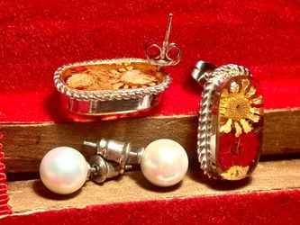 Vintage Handmade Sterling Silver Real Flower Earrings Stud Pearls