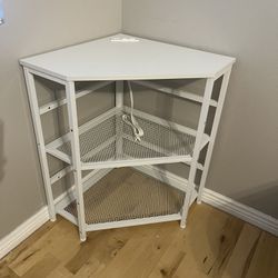 Corner Desk / Table with Power Outlet, USB Ports, And  Adjustable Storage Shelf White 22” X 22” Top