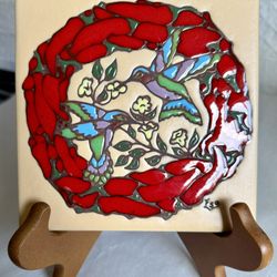 Vintage Earthtones Chiles And Hummingbirds Decorative Ceramic Tile