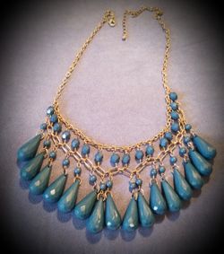 Vintage 70s Blue Bead and Gold Chain Necklace