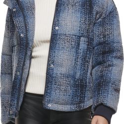 Levi's Women's Cinch Waist Puffer Coat Jacket  Blue Ombre/Wool Plaid Sz Medium