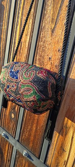 80s Beaded Crossbody Tassel Bag with  Rope Strap