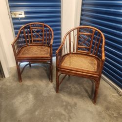 Pair Of Vintage BURNT Bamboo Chairs With CANE SEATS 