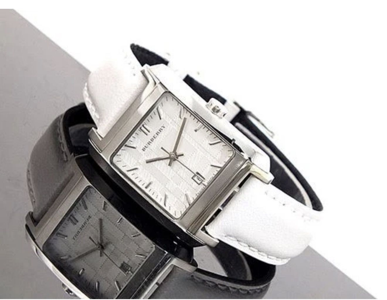 BURBERRY ENGRAVED DIAL WHITE LEATHER BAND,SILVER TONE SWISS WATCH BU1576
