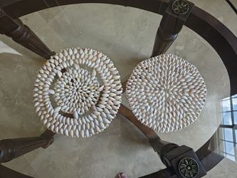 2 Vintage 70s Star Cowrie Shell Doily Handmade Trivet Hot Pad Mats 9" and 10"