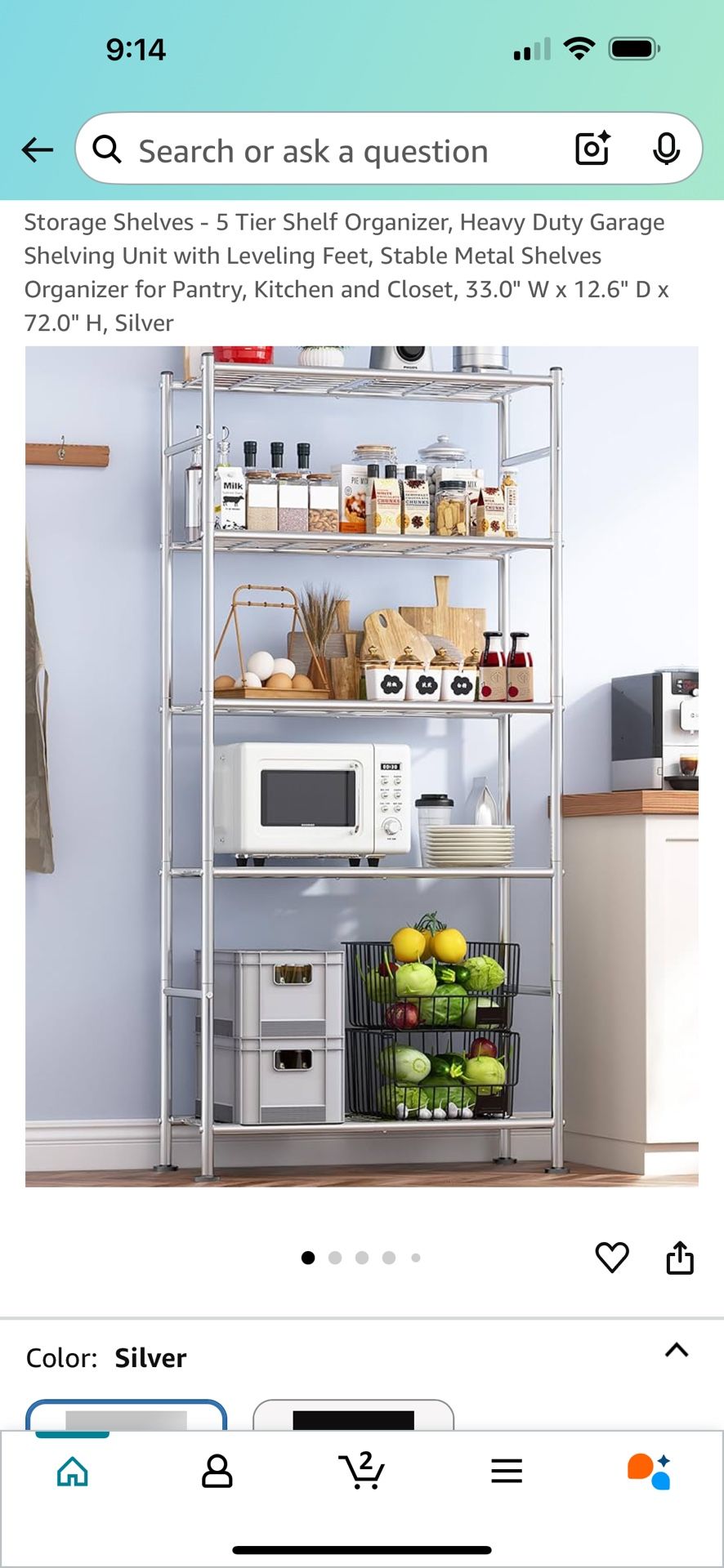 Storage Shelves - 5 Tier Shelf Organizer, Heavy Duty Garage Shelving Unit with Leveling Feet, Stable Metal Shelves Organizer for Pantry, Kitchen and C