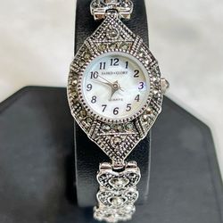 90s faded glory silver tone cocktail watch, womans silver marcasite wrist watch, retro throw back wristwatch.