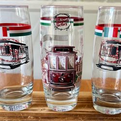 Vintage 1990s Old Spaghetti Factory Glasses Set of 3 Trolley Design Italian Theme