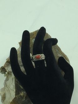 Vintage 925 STER Silver Coral Fleur De Lis Ring 6.75