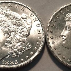 Lot (2) Uncirculated Carson City Morgan Silver Dollars 1882 CC 1884 CC $1 Coins