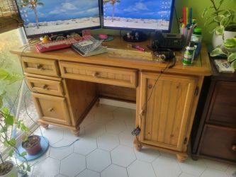 Glass top pine desk
