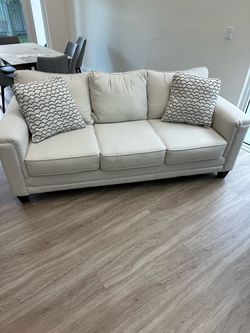 Off-White 3-Seat Fabric Sofa with Throw Pillows - Like New