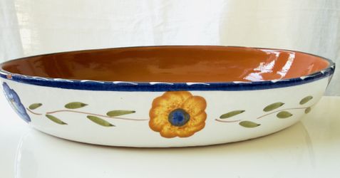 Vintage Furio Home La Spezia 14" Oval Stoneware Baker Hand-Painted Blue & Gold Floral, Made in Italy