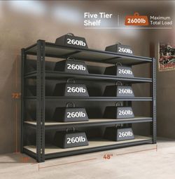 Garage Shelving Storage, 72H×48W×18D" 2600lbs Capacity,5 Tier  Metal Shelving Storage, Height Adjustable, Versatile Utility Rack. NEW IN A BOX