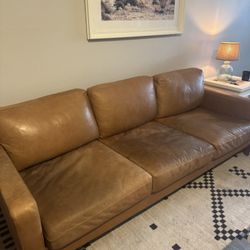 POLY & BARK Sorrento 86" Sofa – Cognac Tan Full-Grain Pure-Aniline Italian Leather, Feather-Down Cushions, Solid Wood Frame & Walnut Legs