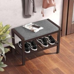 Bench with Cushion Upholstered Padded Seat, Storage Shelf,🌟🌟🌟🌟
