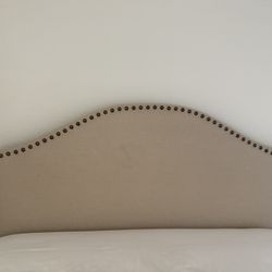 Upholstered Queen Headboard – Beige Linen with Nailhead Trim