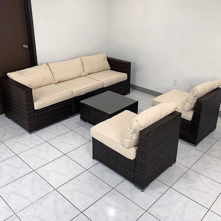 (Brand New) $395 Patio Furniture (6pcs) Set Outdoor Sectional Set Wicker Rattan Sofa Chair Set w/ Cushion, Glass Table
