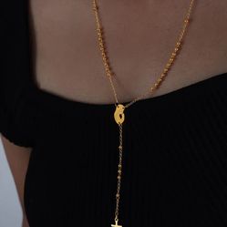 N252- Rosary Stainless Steel Necklace Cross Gold! 