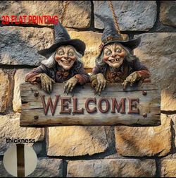 Grinning Sisters Welcome Sign — Twin Witches Wooden Porch Plaque