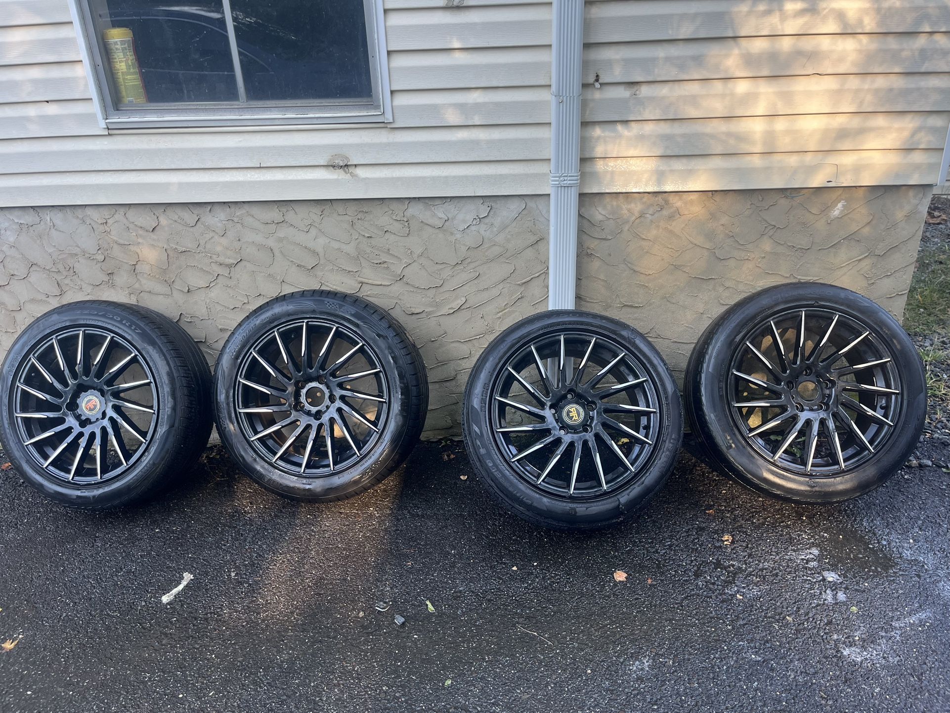 17” RR Black Gloss Rims – 5x114.3 – Set of 4 – With Used Tires (3 OK, 1 Damaged) Revolution Racing Rims!