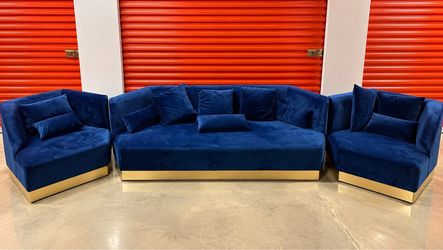 Luxury Modern 3-Piece Navy Blue Velvet Sofa Set with Gold Base –
