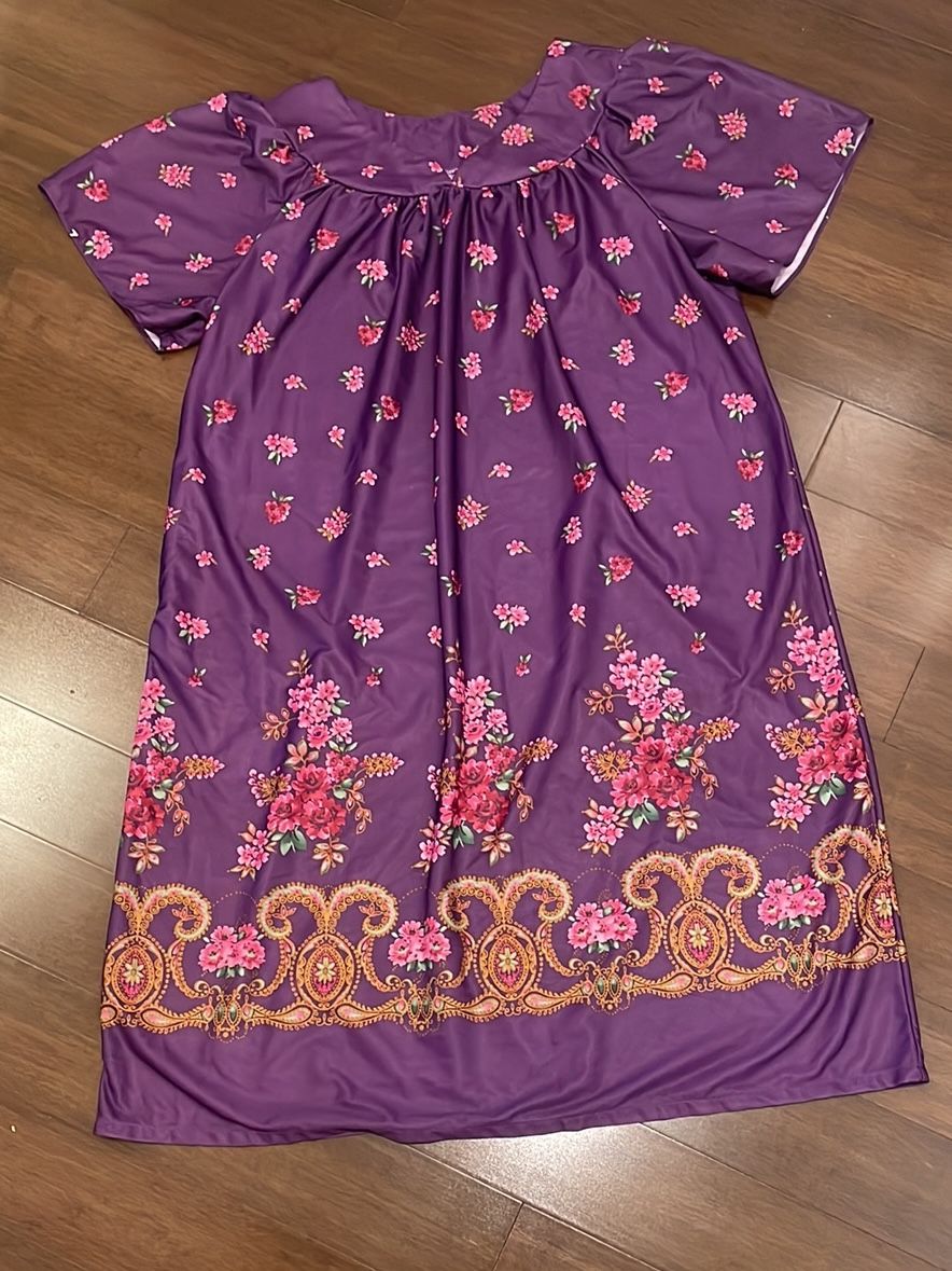 Purple and Pink Pajama Dress with Puffed Sleeves