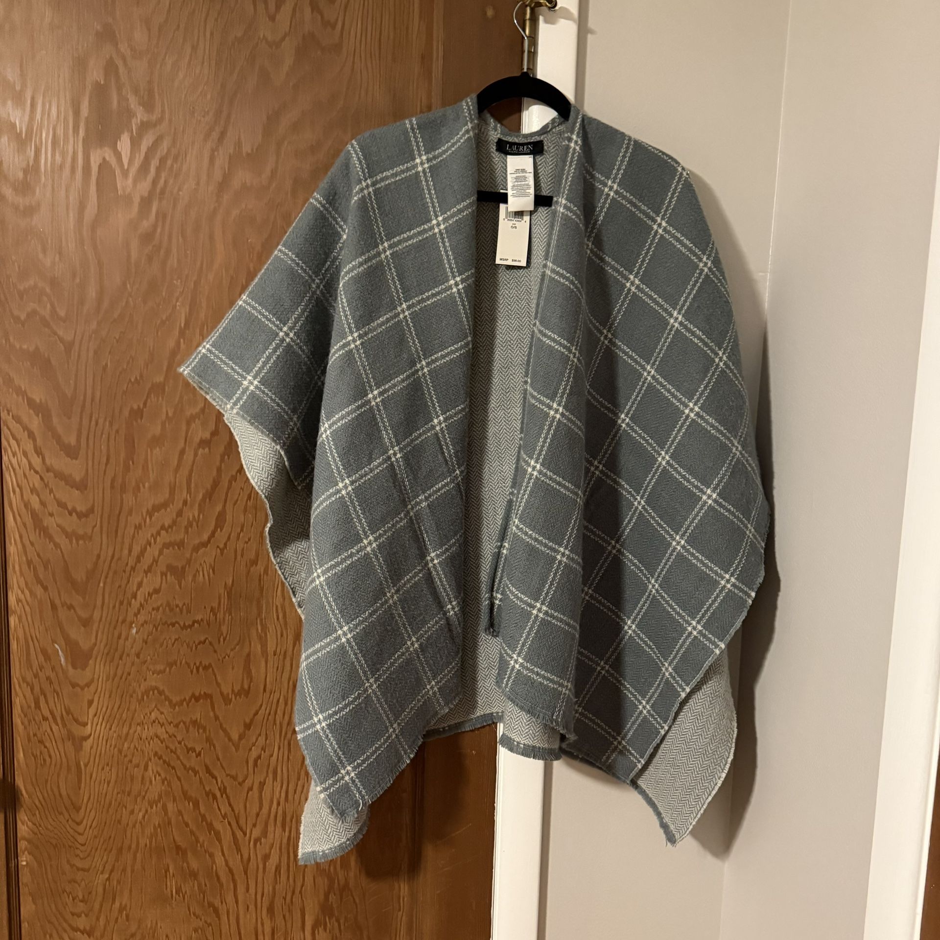 Lauren Ralph Lauren Plaid Herringbone Shawl Acrylic Sea foam Green Fringe Edge
