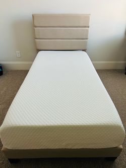 Twin Size Platform Bed Frame with Fabric Upholstered Headboard and Mattress