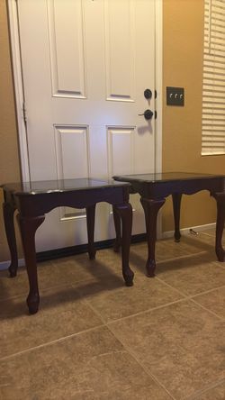 Set of 2 Cherry Wood End Tables with Glass Tops
