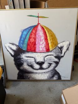 Framed Cat with Propeller Hat Oil Painting