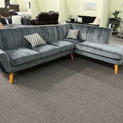 New Mid Century Sectional .  Grey Velvet .  111” X  80”.  Free Delivery !