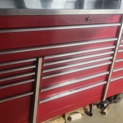 red Snap-on Classic Series rolling tool cabinet with multiple drawers and stainless steel 70 in 29in