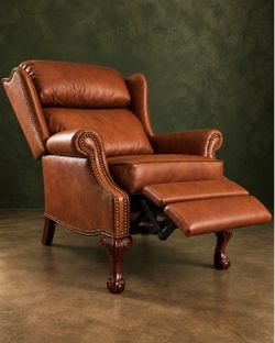 Queen Anne Style Genuine Leather Wingback Recliner with French Brass Nailhead Trim