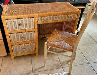 Wicker Rattan Desk with Rush Seat Chair