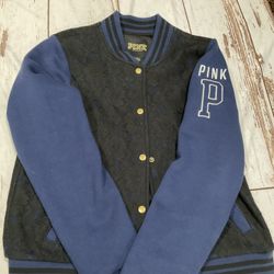 VICTORIAS SECRET PINK BLUE BLACK LACE VARSITY LETTERMAN JACKET