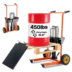 Hydraulic Material Lift Winch Stacker, 450 lbs Load Capacity, Pallet Truck Dolly with Fork Lift Table, 35.8 Inches Max Lifting Height, Foldable & Port