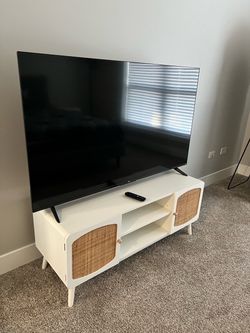 Modern White TV Stand with Rattan Cane Doors – Boho Style Media Console