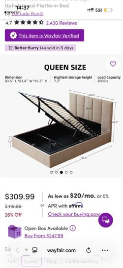 Queen Size Hydraulic Lift Storage Platform Bed