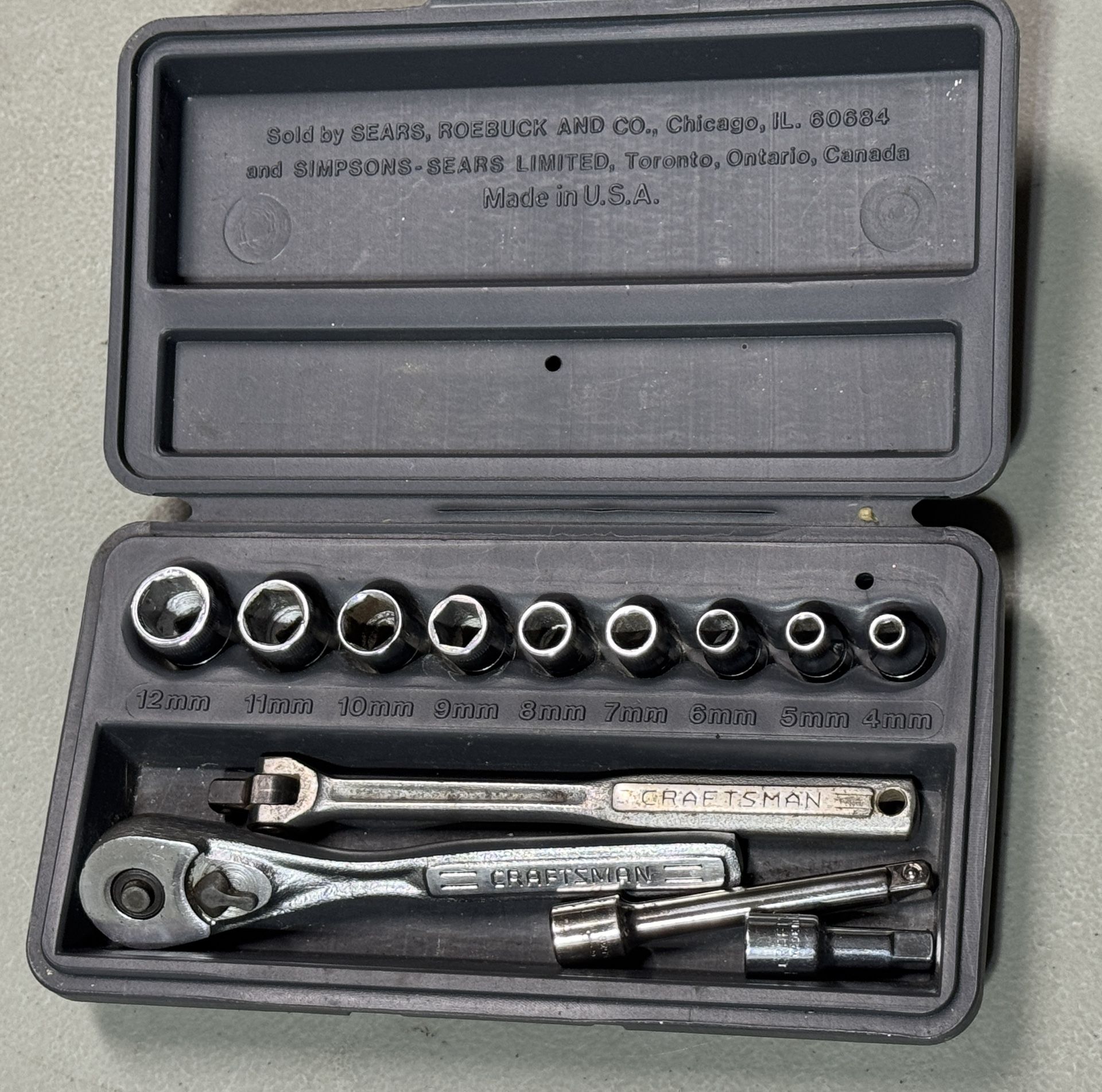 Craftsman USA 1/4” Drive Metric socket set. Includes top knurl sockets from 4-12mm