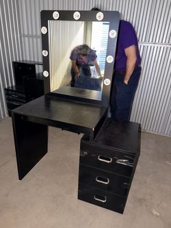 Hollywood Makeup Vanity Table with Lighted Mirror & 3-Drawer Cabinet – Black