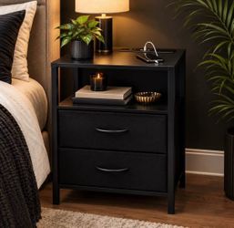 Black Nightstand with Charging Station – 2 Drawers