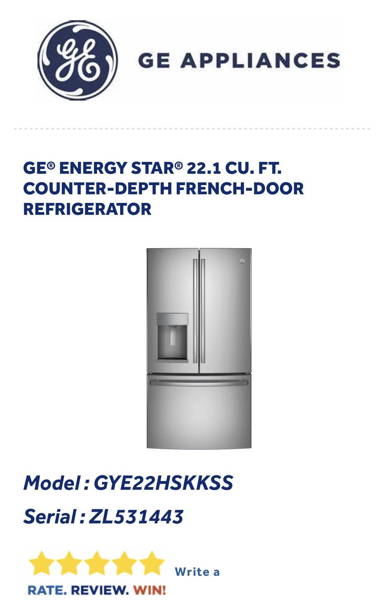 Refrigerator GE 22-1 Cu. FT. (counter-Depth)