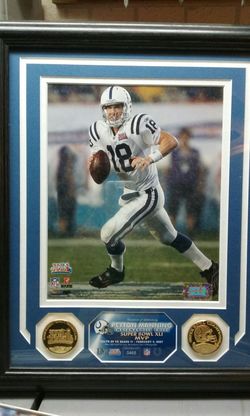 Peyton Manning super bowl plaque with two 24k comemritive coins #0465 of 2007