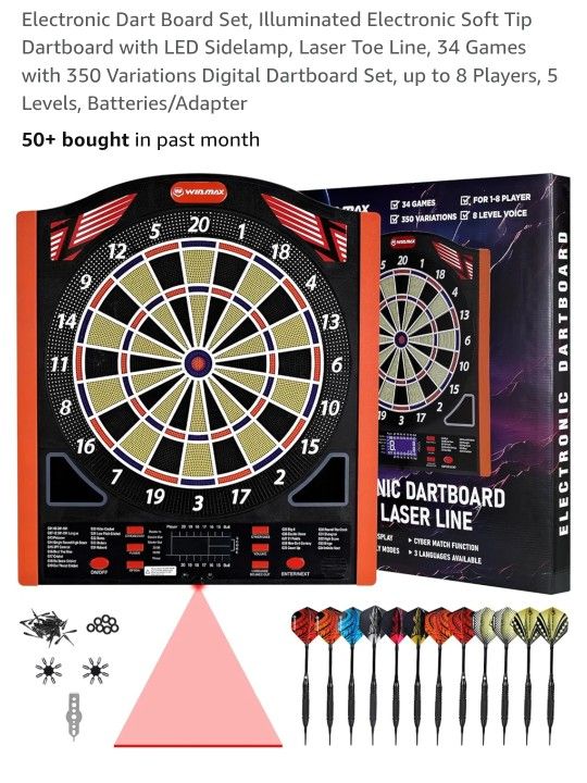 New Electronic Dart Board Set, Illuminated Electronic Soft Tip
Dartboard with LED Sidelamp, Laser Toe Line, 34 Games
with 350 Variations Digital