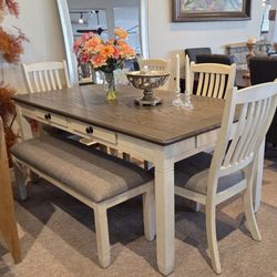 White Dining Table, 4 Side Chairs, Bench
